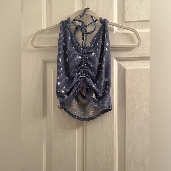 Size small blue white star sky scrunch front halter tie cropped crop tank top - Picture 2 of 4